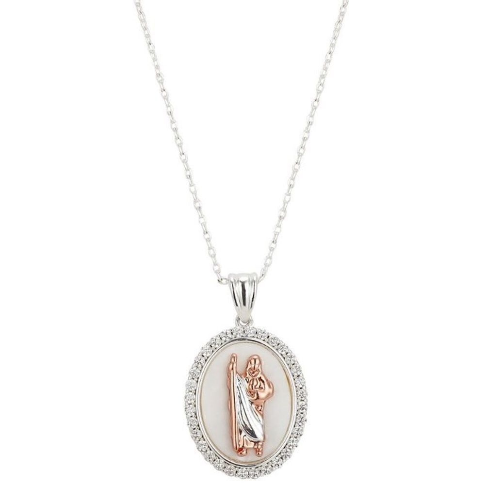 Unwritten Gratitude & Grace CZ Mother-of-Pearl Two-Tone Saint Pendant Necklace